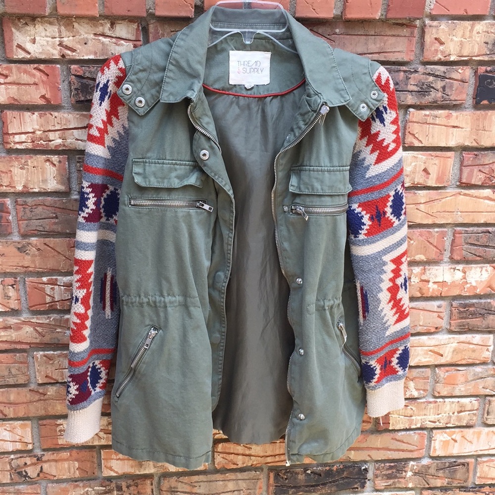 Thread & Supply Olive Utility Jacket with Knit Sleeves